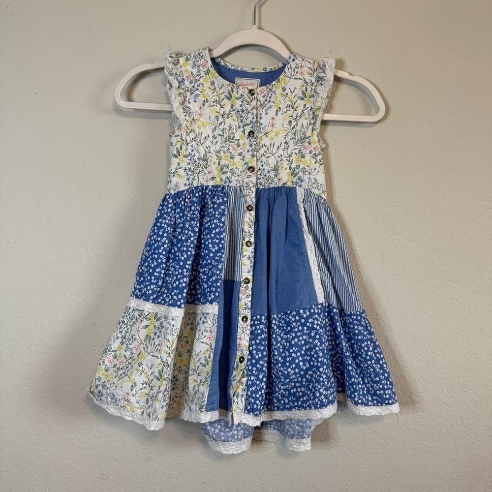 Mantaray Patchwork Multicoloured Floral Print Tiered Lace Sleeve Dress Size 4-5